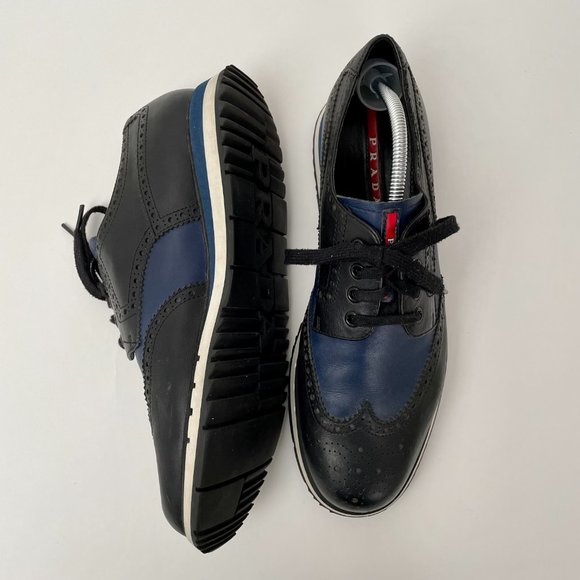 Prada Vit Montana Calf Leather Platform Wing Tip Brogues, Black/Navy, Size 11 - Picture 9 of 16